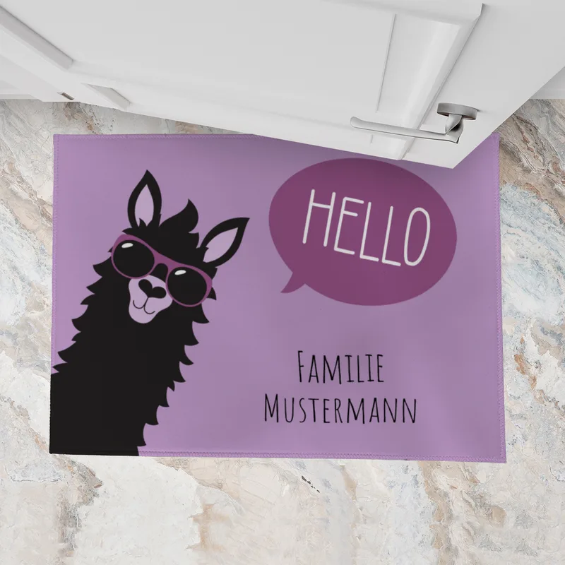 Fußmatte mit Namen personalisierbar - Geschenkidee Einzug, Geburtstag, Richtfest - Fussmatte mit Namen - Motiv Hello Lama violett 70 x 50 cm