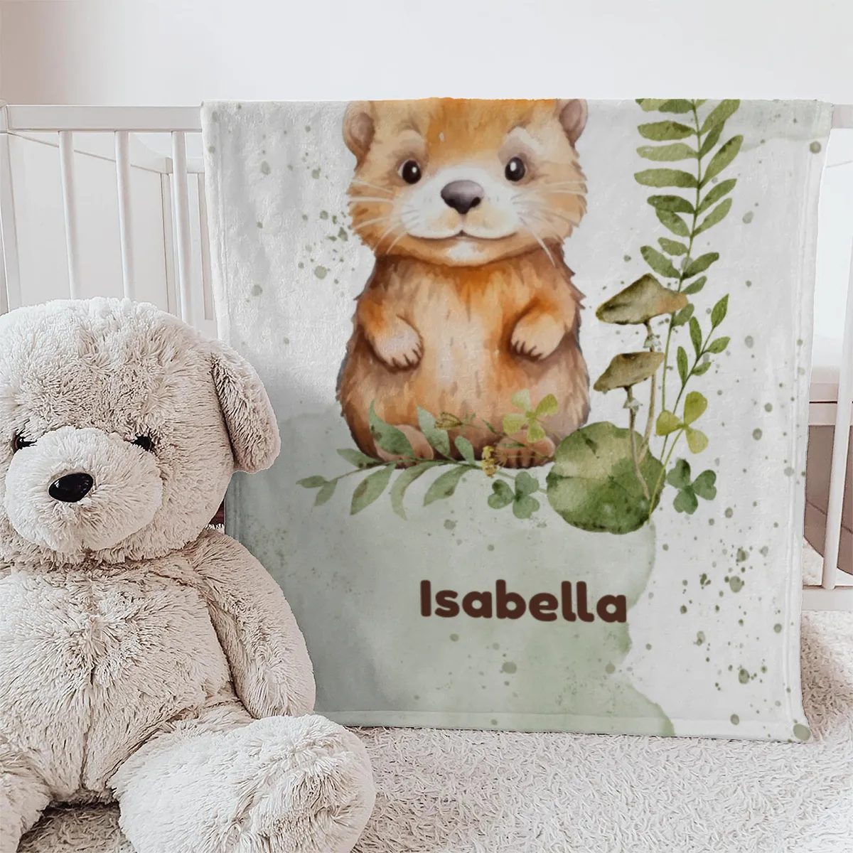 Wohndecke mit Namen personalisierbar, Kuscheldecke, Namensdecke mit Tiermotiv, Geschenkidee Geburtstag Motiv Kleiner Otter 140 x 200 cm