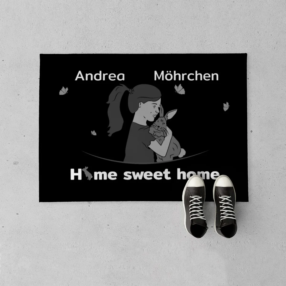 Personalisierte Fußmatte Pärchen mit Hund und Katze schwarz 70 x 50 cm