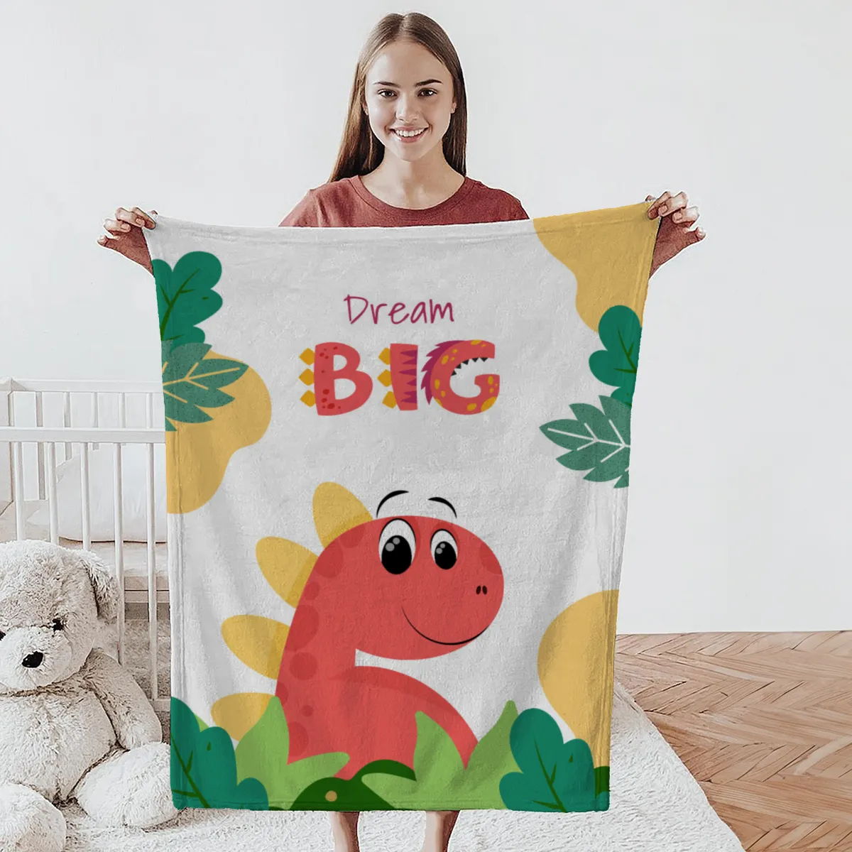 Wohndecke Dream big mit Namen personalisierbar, Kuscheldecke, Namensdecke mit niedlichem Dino, Geschenkidee Geburtstag Motiv Dino rot 140 x 200 cm