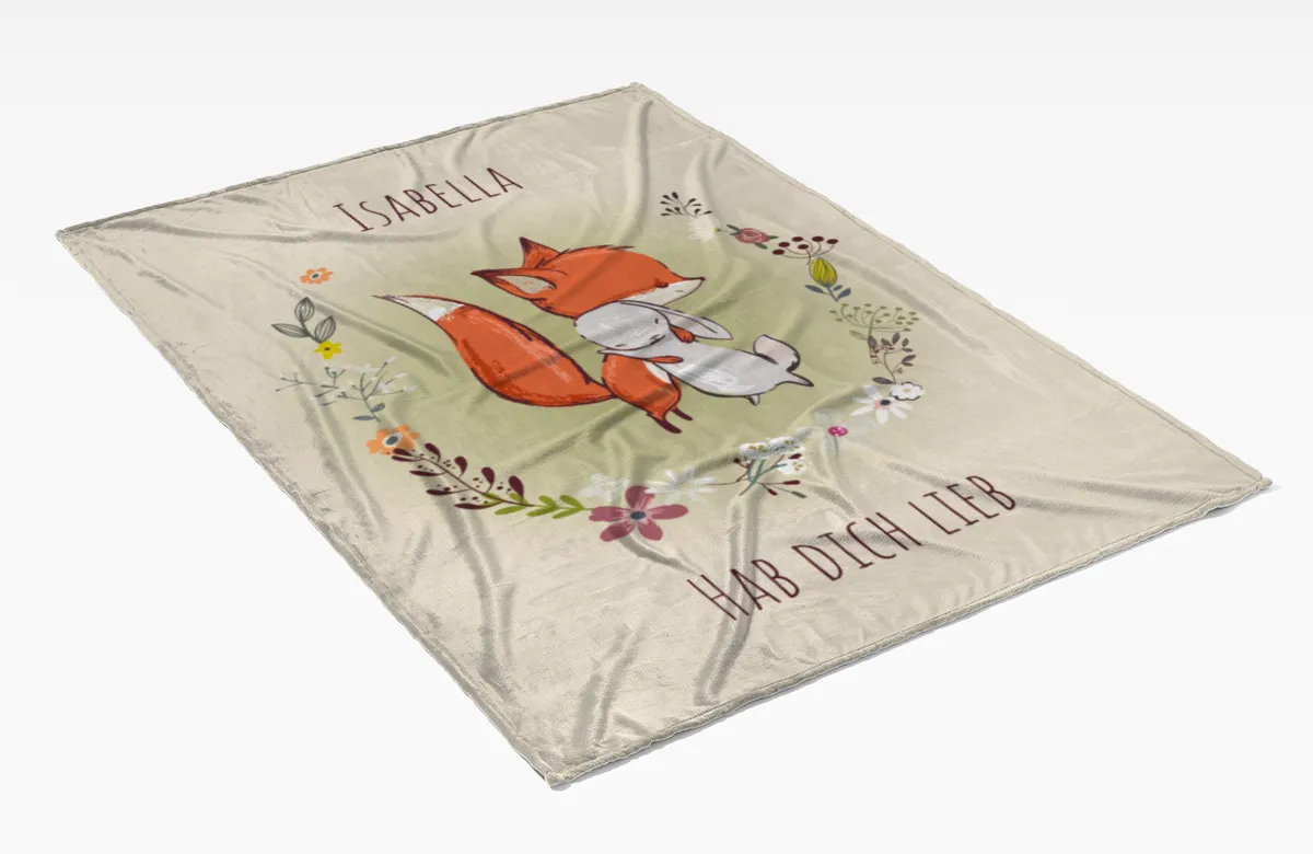 Babydecke mit Namen personalisierbar, Kuscheldecke, Namensdecke mit niedlichem Tiermotiv, Geschenkidee Geburtstag Motiv Fuchs und Hase 75 x 100 cm