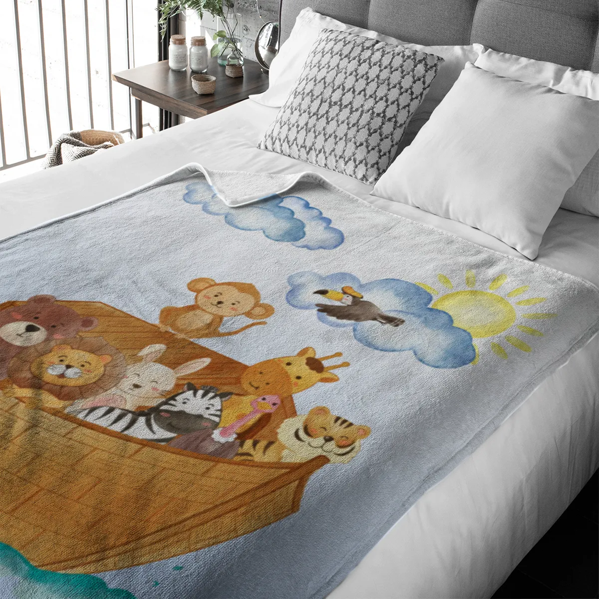 Wohndecke mit Namen personalisierbar, Kuscheldecke, Namensdecke mit niedlichem Tiermotiv, Geschenkidee Geburtstag Motiv Tiere Arche 140 x 200 cm