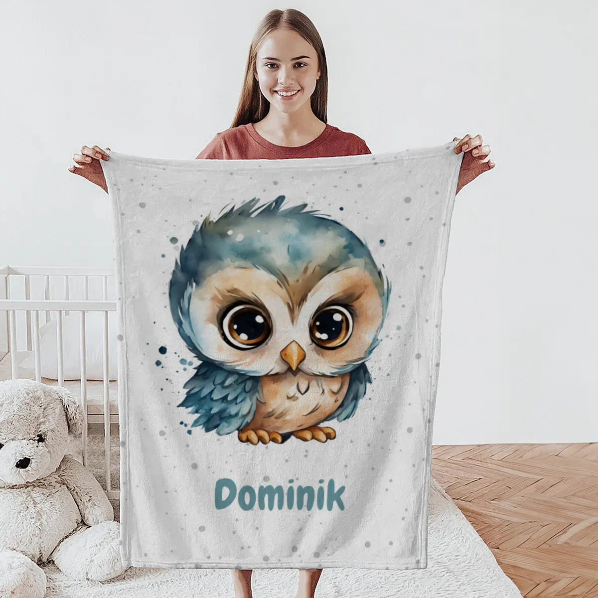 Personalisierte Kuscheldecke mit niedlicher Eule - Decke 75 x 100 cm mit Namen personalisierbar - Geschenkidee Baby - Geschenkidee Geburt Eule 75 x 100 cm