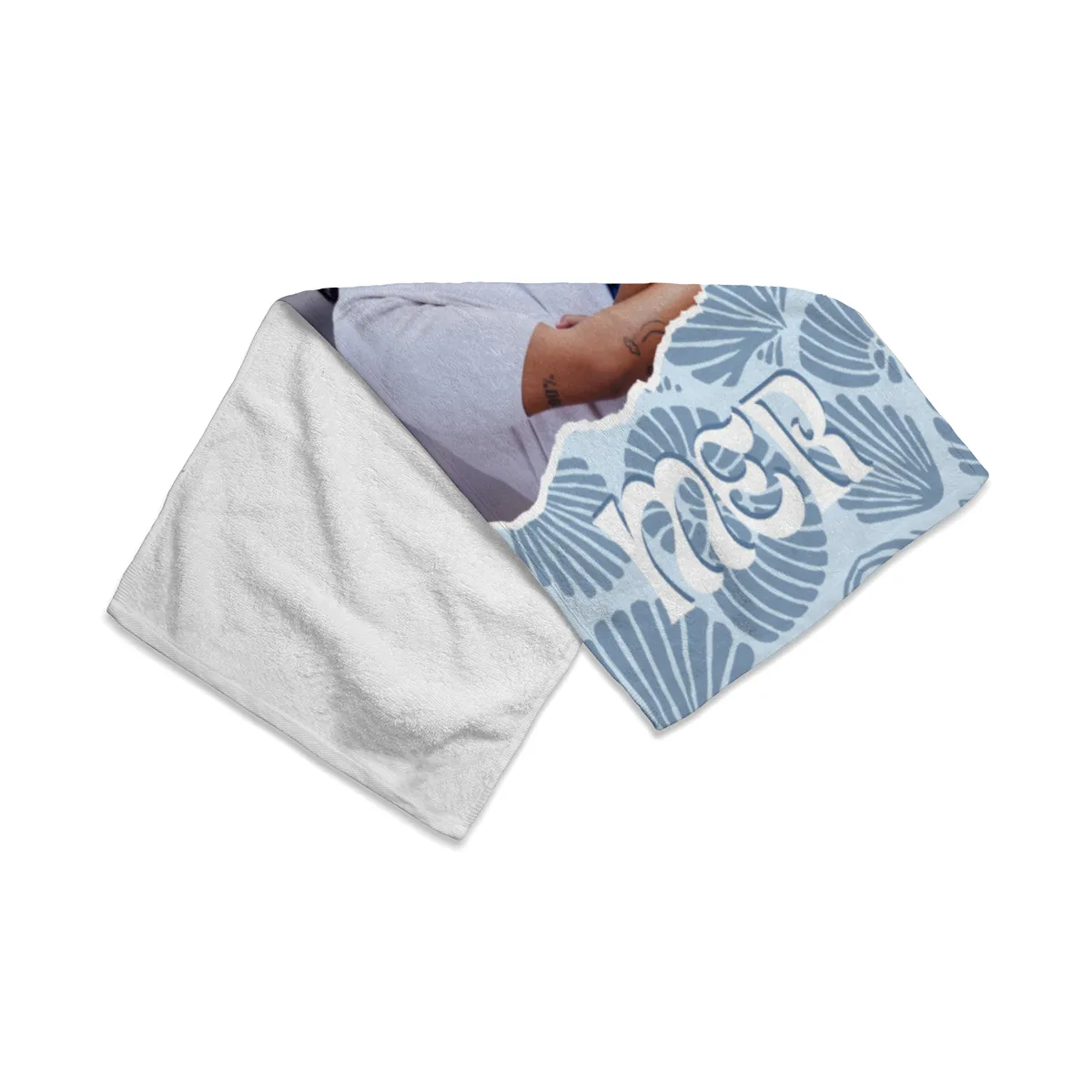Strandtuch blau Sommer - mit Foto personalisierbar - Foto-Badetuch im Muscheldesign - Muscheln blau