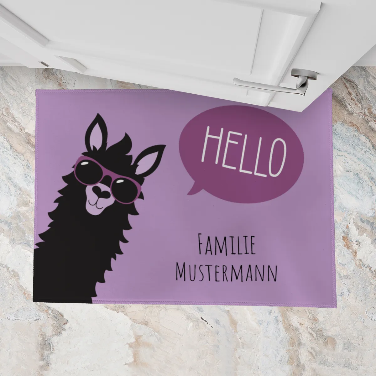 Fußmatte mit Namen personalisierbar - Geschenkidee Einzug, Geburtstag, Richtfest - Fussmatte mit Namen - Motiv Hello Lama violett 70 x 50 cm