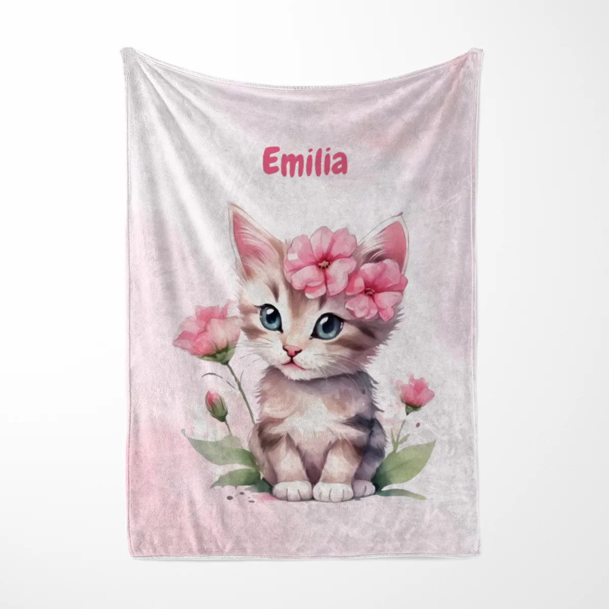 Wohndecke mit Namen personalisierbar, Kuscheldecke, Namensdecke mit süßem Kätzchen, Geschenkidee Geburtstag Motiv Katze rosa 140 x 200 cm
