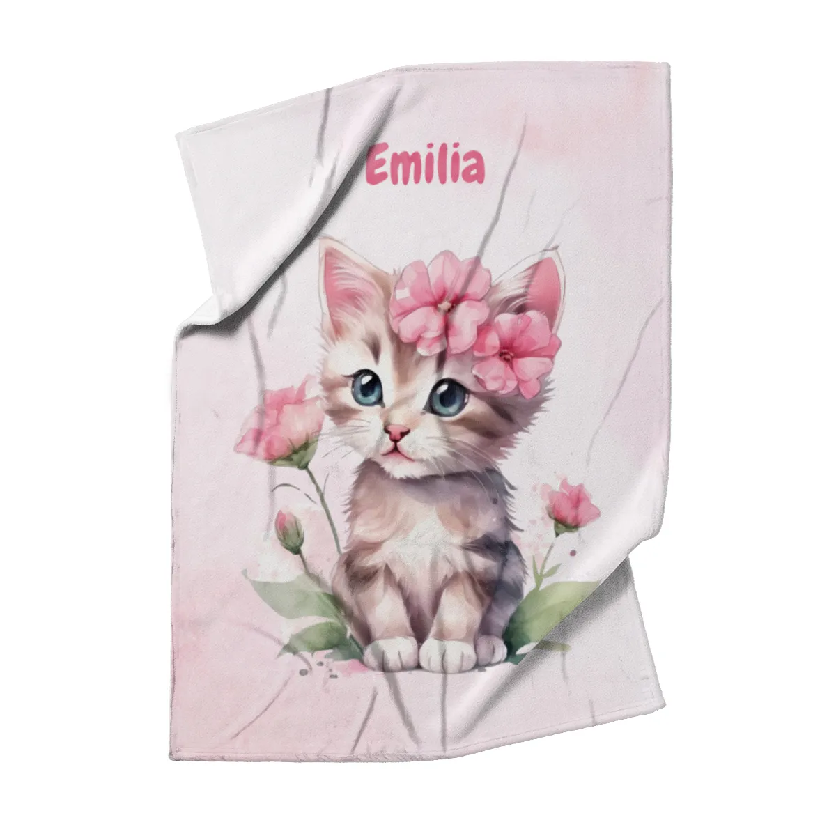 Wohndecke mit Namen personalisierbar, Kuscheldecke, Namensdecke mit süßem Kätzchen, Geschenkidee Geburtstag Motiv Katze rosa 140 x 200 cm