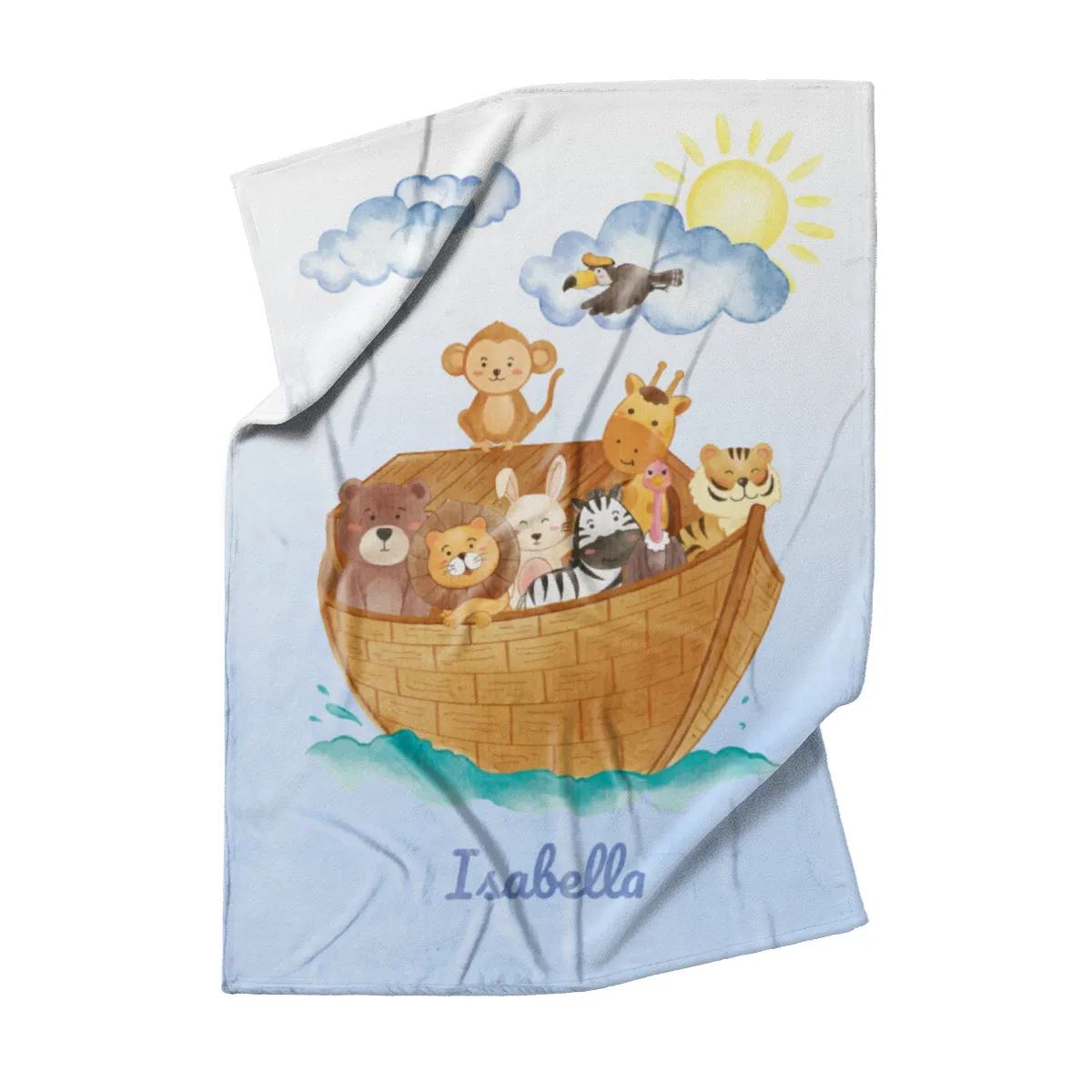 Wohndecke mit Namen personalisierbar, Kuscheldecke, Namensdecke mit niedlichem Tiermotiv, Geschenkidee Geburtstag Motiv Tiere Arche 140 x 200 cm