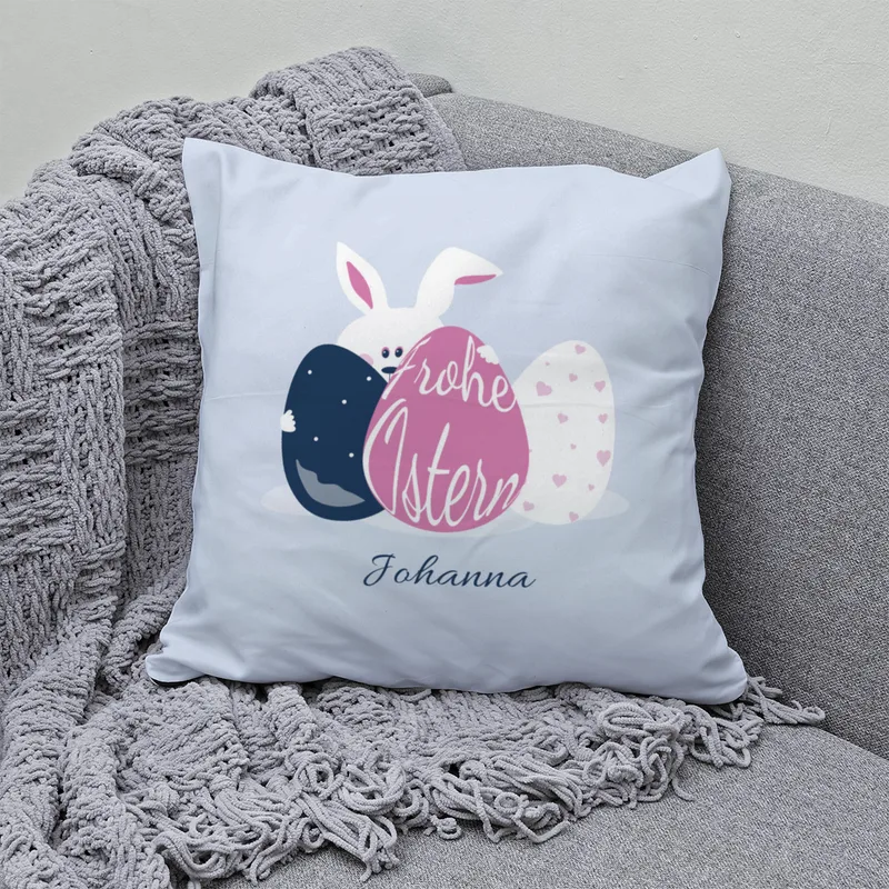 Namenskissen Osterhase - Samtkissenbezug frecher Hase - mit Namen personalisierbar - Osterdeko - Geschenkidee Ostern Hase Ostereier 40 x 40 cm