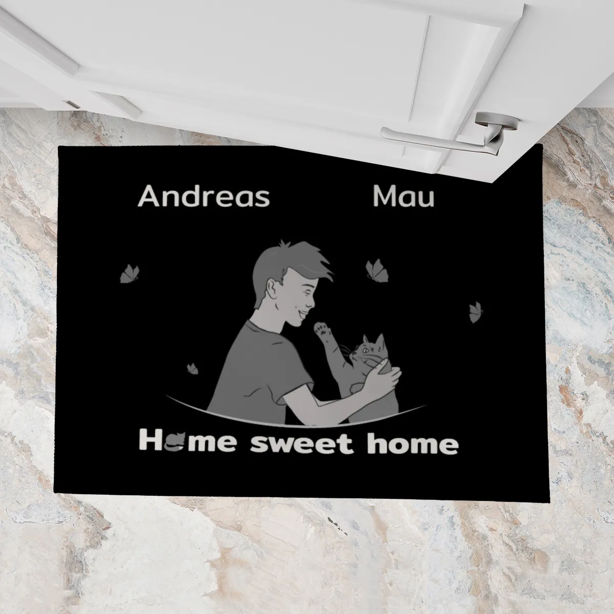 Personalisierte Fußmatte Pärchen mit Hund und Katze schwarz 70 x 50 cm