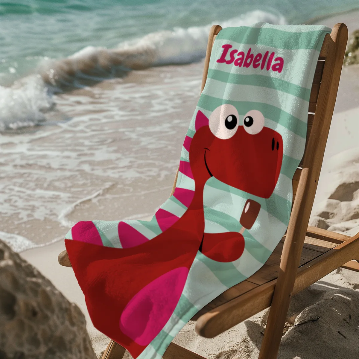 Dinosaurier-Badetuch mit Namen personalisierbar - personalisiertes Namens-Strandtuch - Kinderbadetuch mit Wunschtext - Dino Ice rot