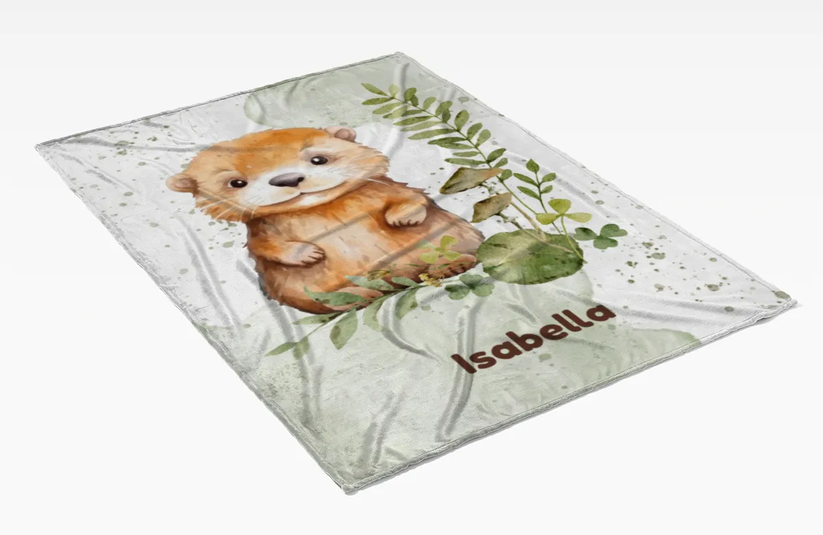 Wohndecke mit Namen personalisierbar, Kuscheldecke, Namensdecke mit Tiermotiv, Geschenkidee Geburtstag Motiv Kleiner Otter 140 x 200 cm