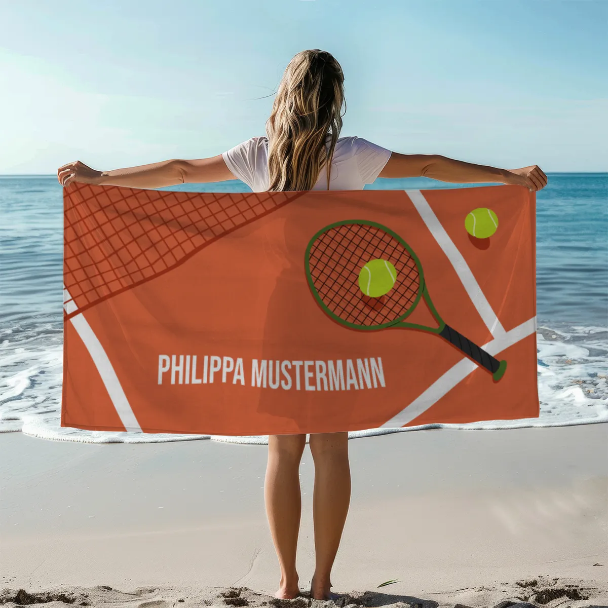 Badetuch Sport - mit Namen personalisierbar - personalisiertes Namens-Badetuch - Strandtuch mit Wunschtext - Tennis orange