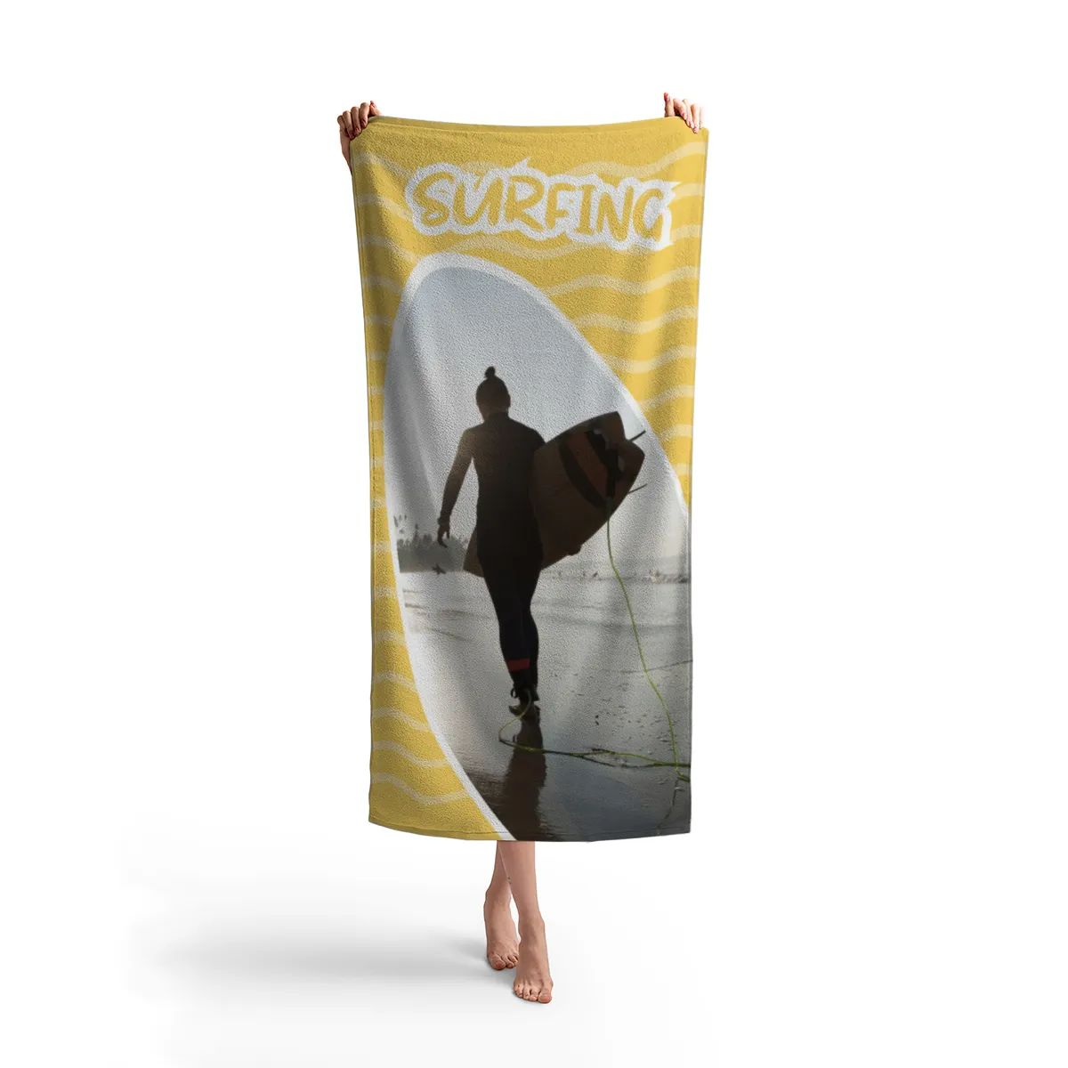 Strandtuch gelb im Surfbrett-Look - mit Foto personalisierbar - Foto-Badetuch - Geschenkidee Surfer Surfing
