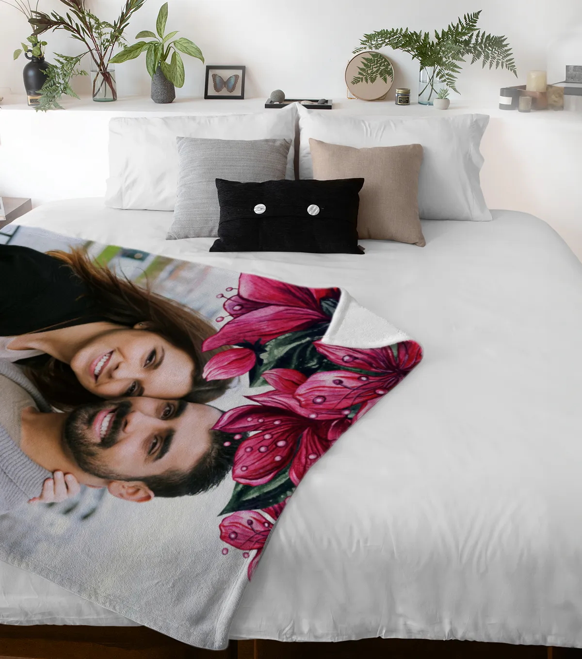 Kuscheldecke Pink Floral 140 x 200 cm mit Ihrem Bild - mit Foto personalisierbar - Fotodecke floral selbst gestalten - Geschenkidee Valentin, Hochzeit 1 Foto Pink Floral 140 x 200 cm