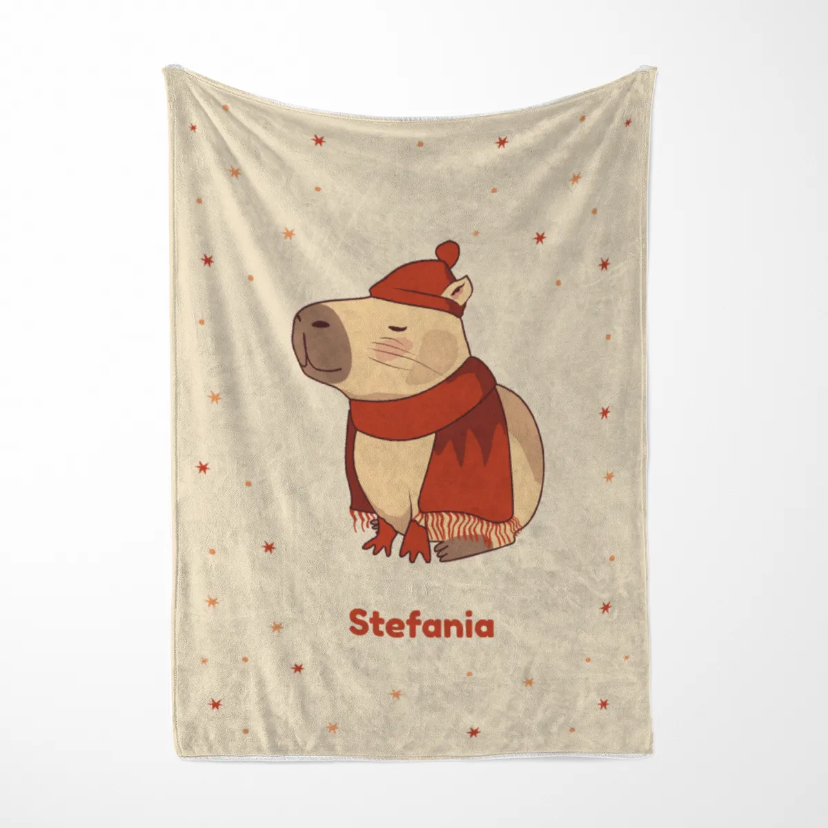 Wohndecke mit Namen personalisierbar, Kuscheldecke, niedliche Namensdecke mit Capybara, Geschenkidee Geburtstag Motiv Capy Wintermütze 140 x 200 cm