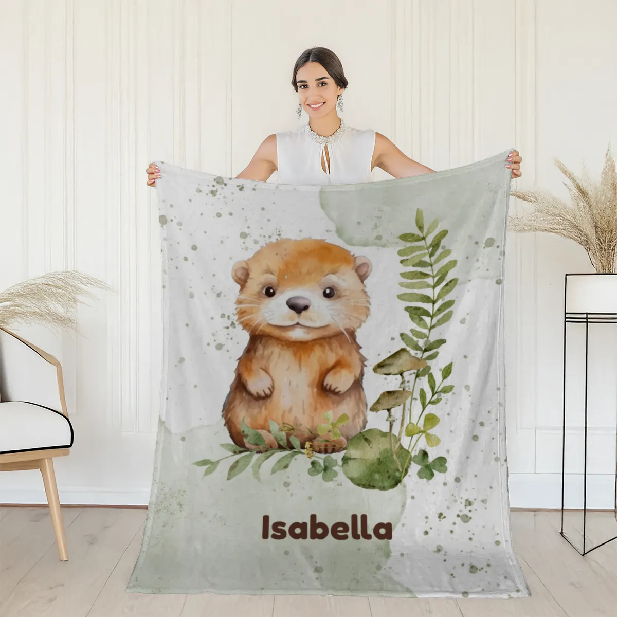 Wohndecke mit Namen personalisierbar, Kuscheldecke, Namensdecke mit Tiermotiv, Geschenkidee Geburtstag Motiv Kleiner Otter 140 x 200 cm