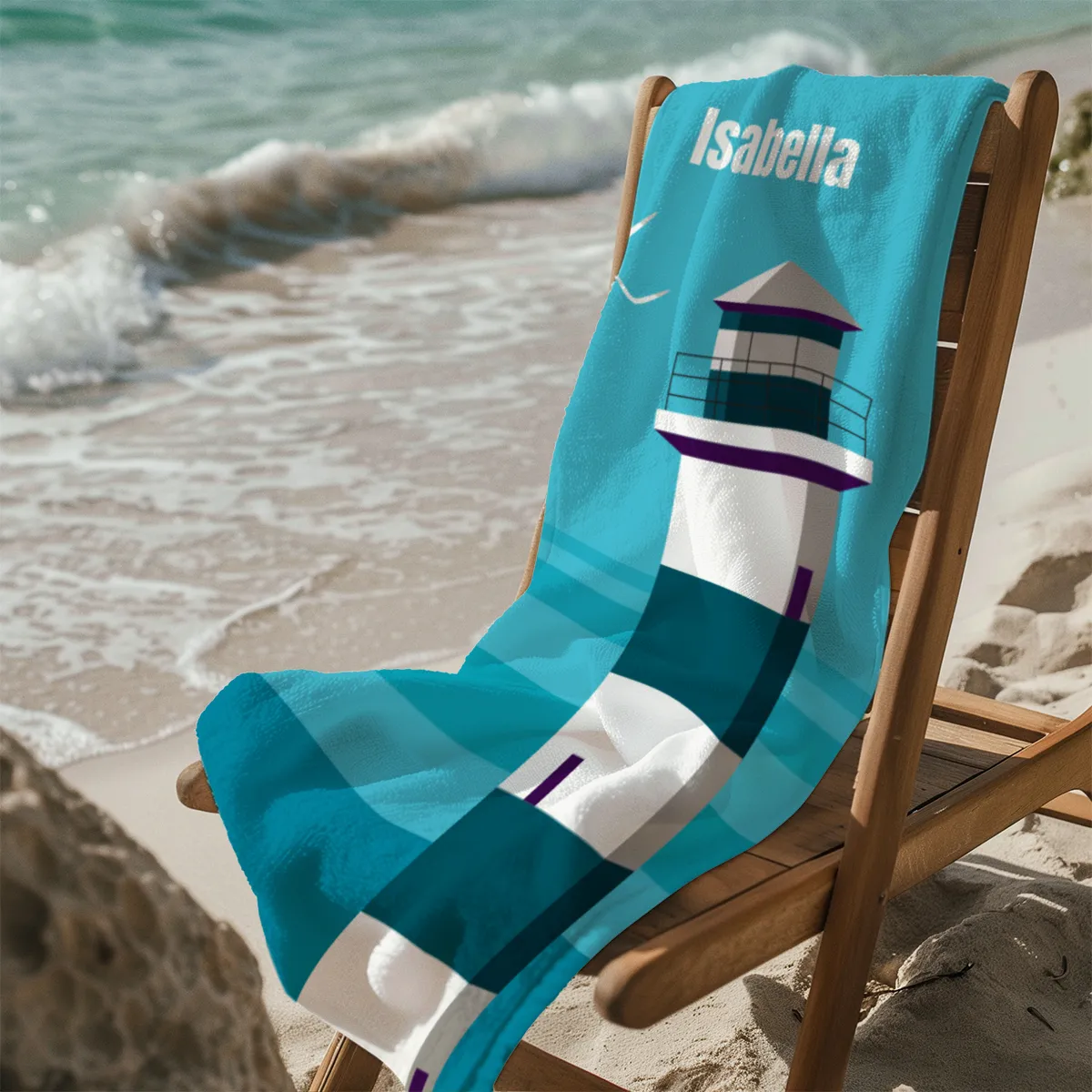 Badetuch Sommer - mit Namen personalisierbar - personalisiertes Namens-Badetuch - Strandtuch mit Wunschtext - Leuchtturm