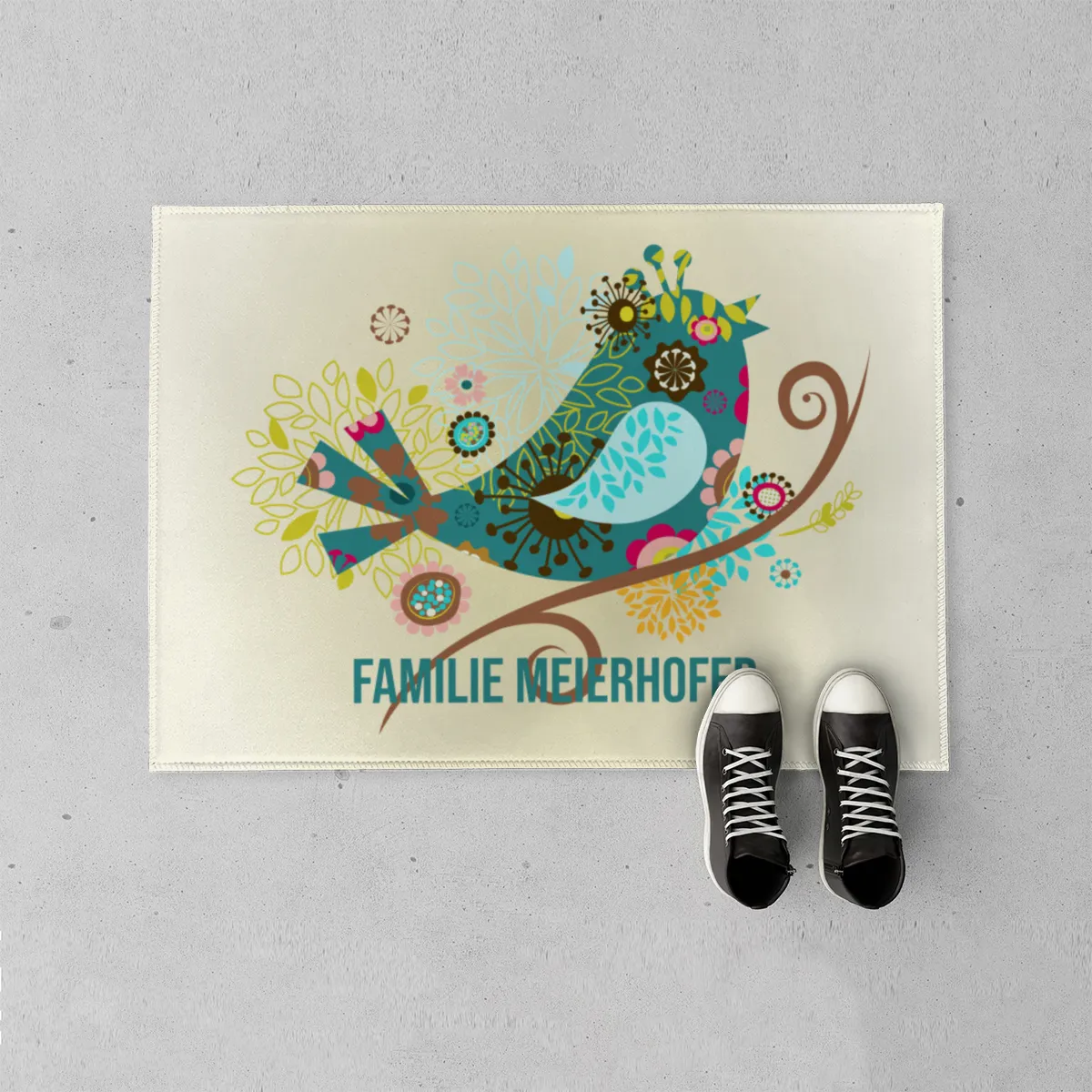 Fußmatte personalisiert Flowerbird - Geschenkidee für Familie, Paare, zum Einzug - Türvorleger mit Namen bedruckt Flowerbird 70 x 50 cm