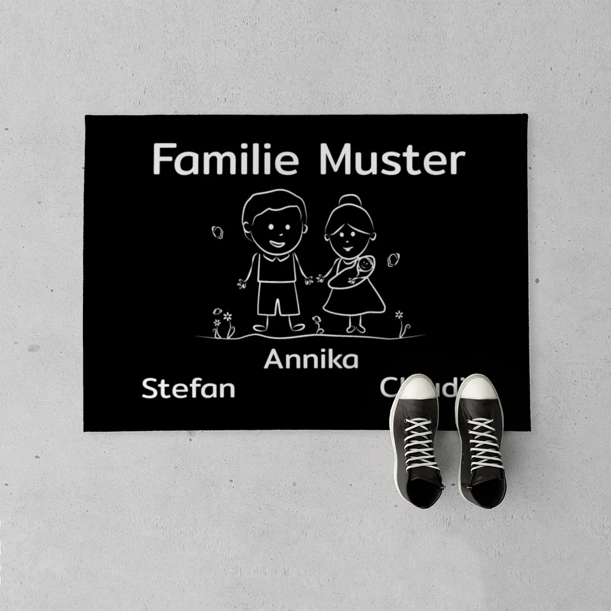 Personalisierte Fußmatte Pärchen mit Hund und Katze schwarz 70 x 50 cm