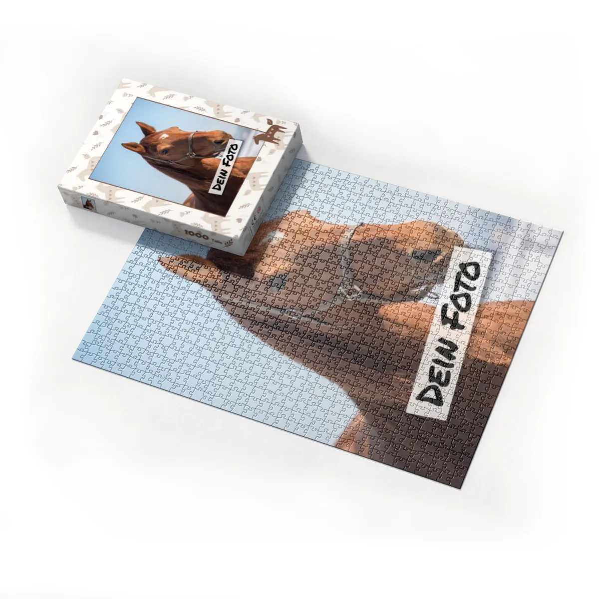Fotopuzzle mit eigenem Bild - Fotopuzzle selbst gestalten 1000 Teile - Schachtel Skandipferde- Puzzle mit Foto personalisiert - Geschenk Geburtstag, Pferdefans Skandipferde 1000 Teile Quer