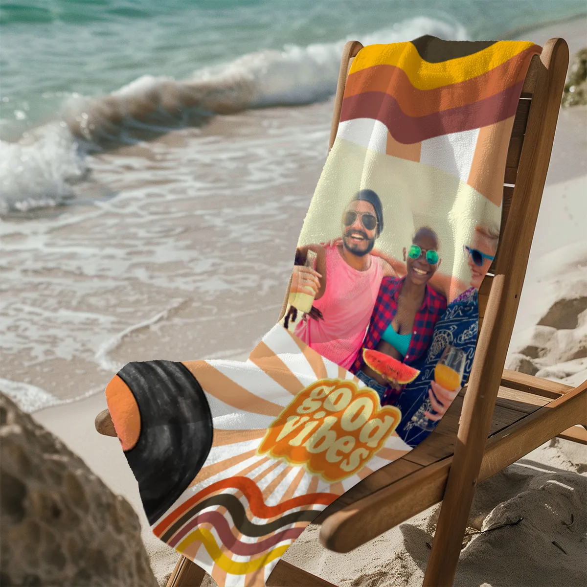 Strandtuch Good Vibes im Retro-Look - mit Foto personalisierbar - Foto-Badetuch für Urlaub, Bad, Strand - Good Vibes
