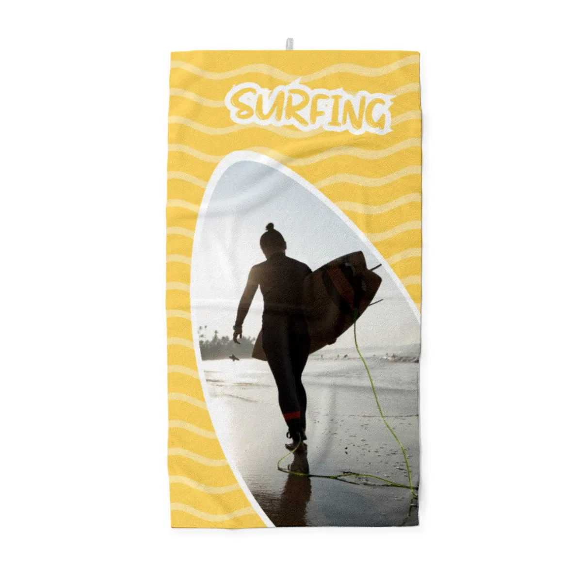 Strandtuch gelb im Surfbrett-Look - mit Foto personalisierbar - Foto-Badetuch - Geschenkidee Surfer Surfing