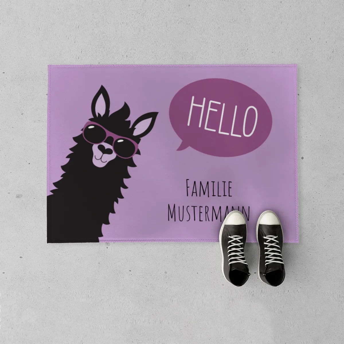 Fußmatte mit Namen personalisierbar - Geschenkidee Einzug, Geburtstag, Richtfest - Fussmatte mit Namen - Motiv Hello Lama violett 70 x 50 cm