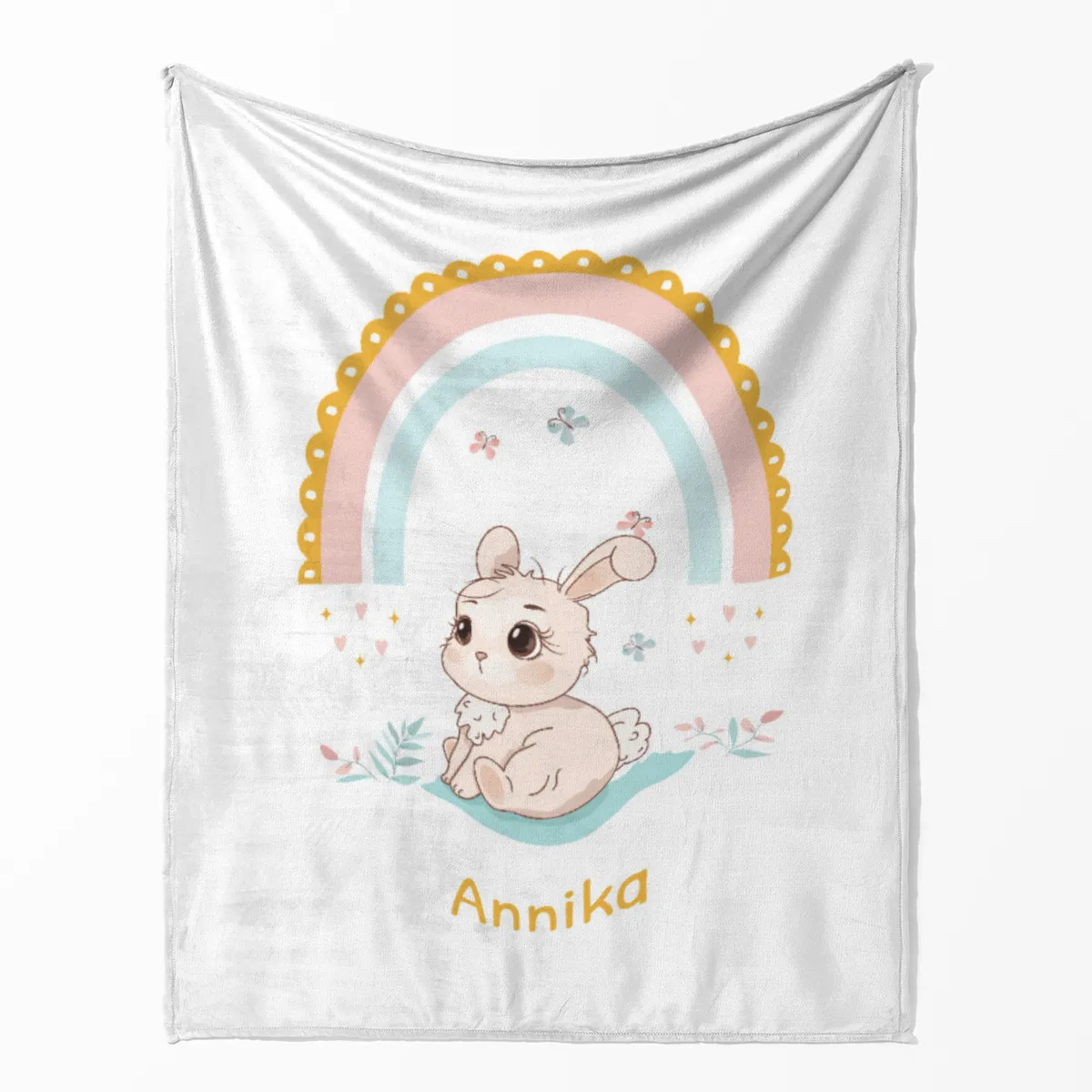Babydecke Häschen mit Regenbogen - mit Namen personalisierbar Hase 75 x 100 cm