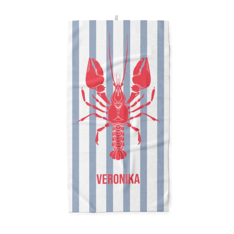 Badetuch blau gestreift mit Hummer - mit Namen personalisierbar - personalisiertes Namens-Badetuch - Strandtuch mit Wunschtext - Lobster blau