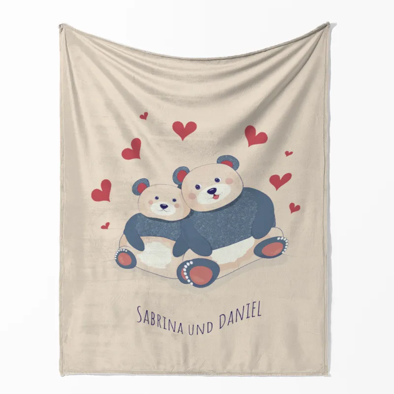 Kuscheldecke Verliebte Bären - mit Namen personalisierbar - Geschenkidee für Verliebte, Valentinstag Verliebte Bären 140 x 200 cm