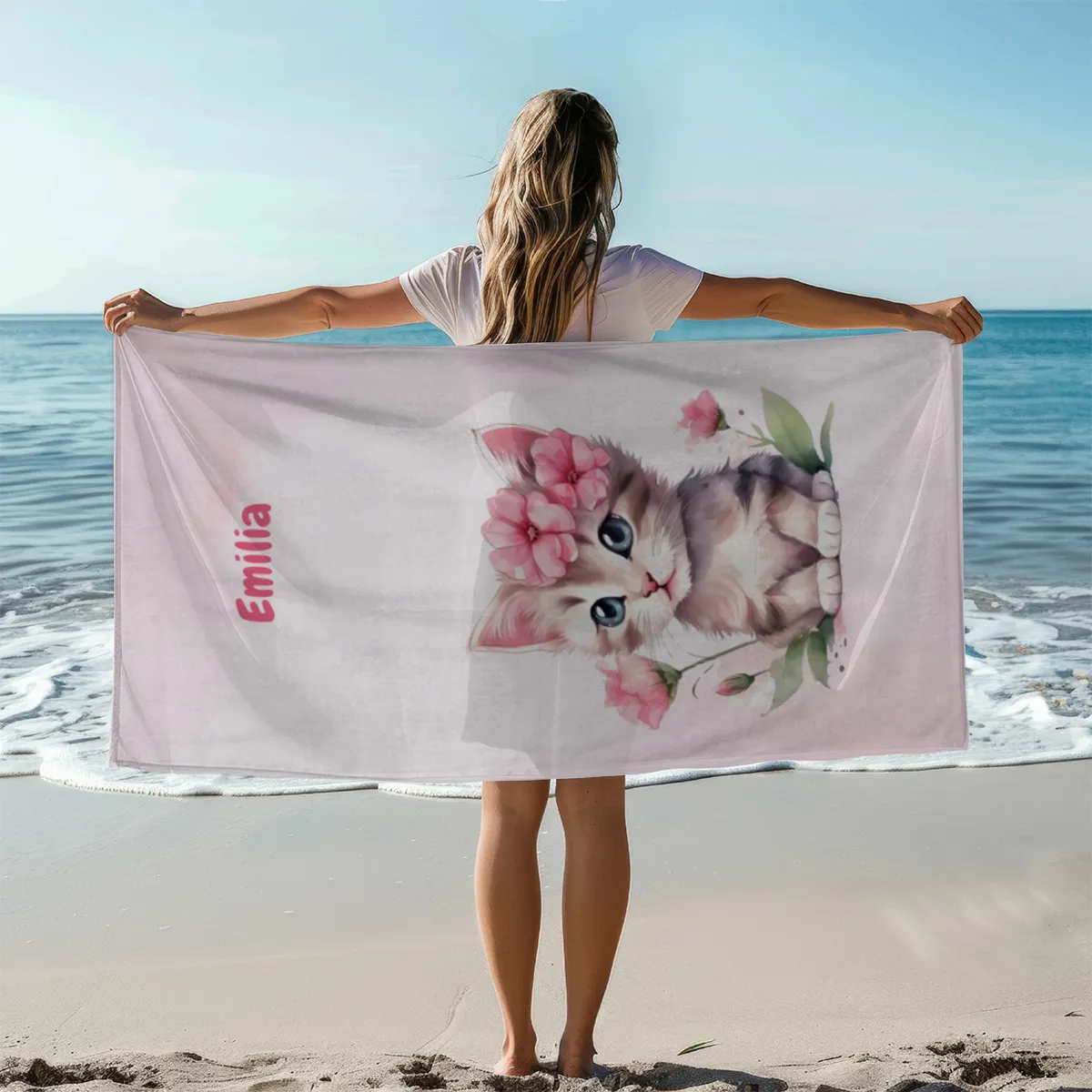 Handtuch mit Namen personalisierbar - personalisiertes Namens-Handtuch mit Wunschtext - Katze rosa