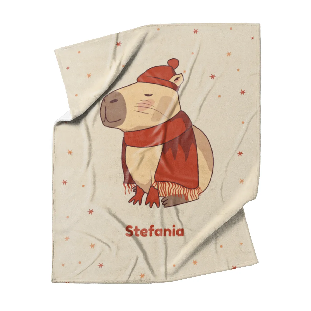 Wohndecke mit Namen personalisierbar, Kuscheldecke, niedliche Namensdecke mit Capybara, Geschenkidee Geburtstag Motiv Capy Wintermütze 140 x 200 cm
