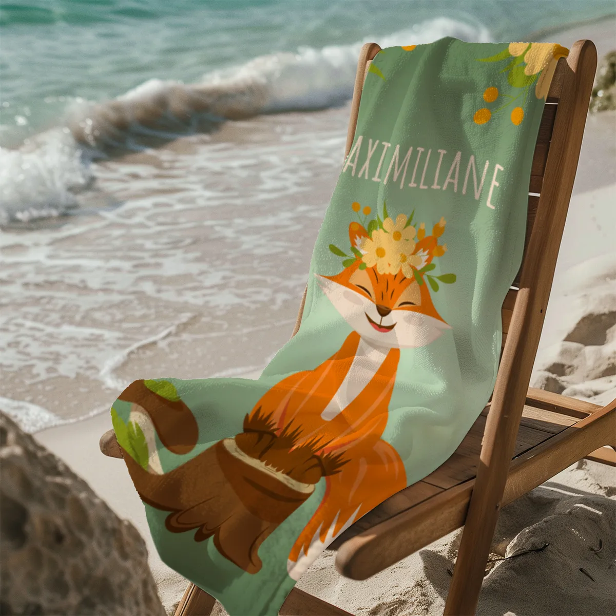 Badetuch Waldtiere mit Namen personalisierbar - personalisiertes Namens-Strandtuch - Kinderbadetuch mit Wunschtext - Fuchs