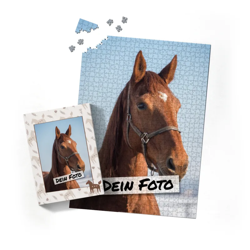 Fotopuzzle mit eigenem Bild - Fotopuzzle selbst gestalten 1000 Teile - Schachtel Skandipferde- Puzzle mit Foto personalisiert - Geschenk Geburtstag, Pferdefans Skandipferde 1000 Teile Quer