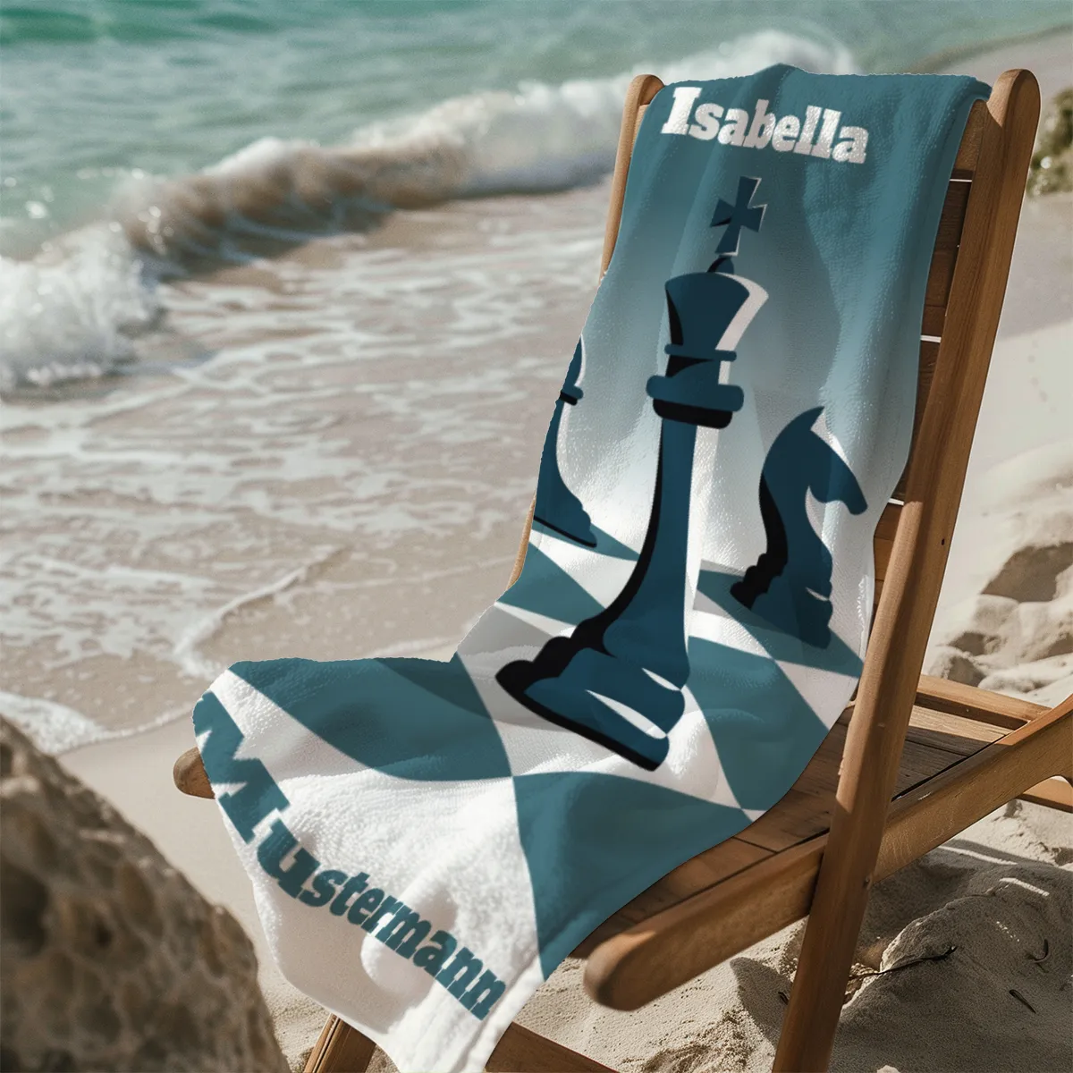 Badetuch Schach - mit Namen personalisierbar - personalisiertes Namens-Badetuch - Strandtuch mit Wunschtext - Schachfiguren König