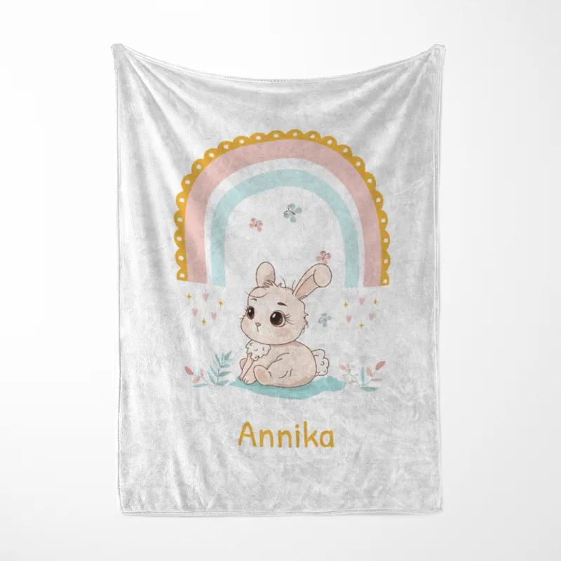 Babydecke Häschen mit Regenbogen - mit Namen personalisierbar Hase 75 x 100 cm