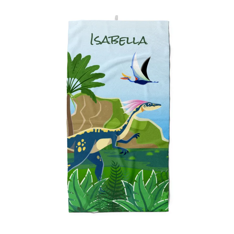 Dinosaurier-Badetuch mit Namen personalisierbar - personalisiertes Namens-Strandtuch - Kinderbadetuch mit Wunschtext - Dinowelt