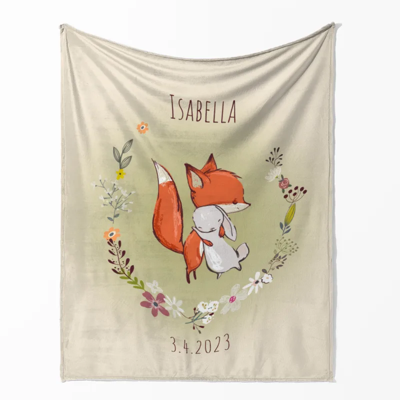 Wohndecke mit Namen personalisierbar, Kuscheldecke, Namensdecke mit Fuchs und Hase, Geschenkidee Geburtstag Motiv Fuchs und Hase 125 x 155 cm