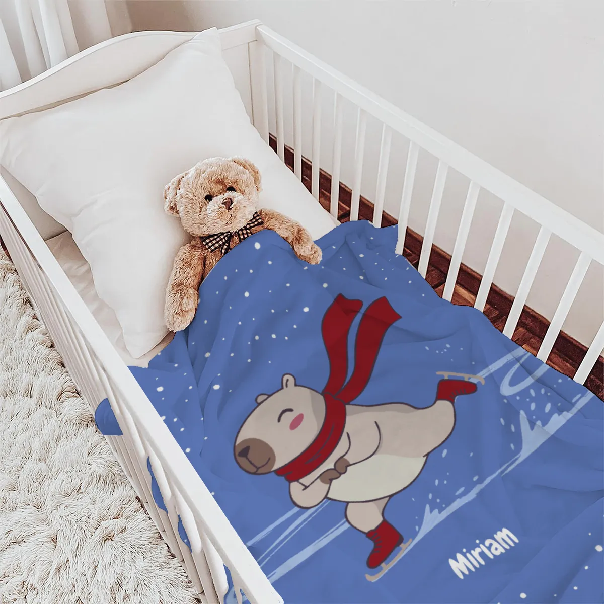 Wohndecke mit Namen personalisierbar, Kuscheldecke, niedliche Namensdecke mit Capybara, Geschenkidee Geburtstag Motiv Capy Wintermütze 140 x 200 cm