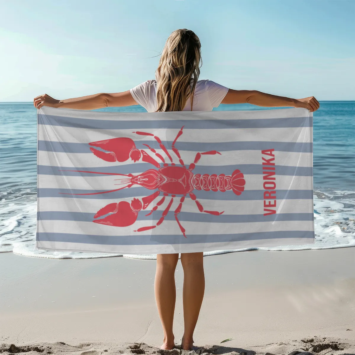 Badetuch blau gestreift mit Hummer - mit Namen personalisierbar - personalisiertes Namens-Badetuch - Strandtuch mit Wunschtext - Lobster blau