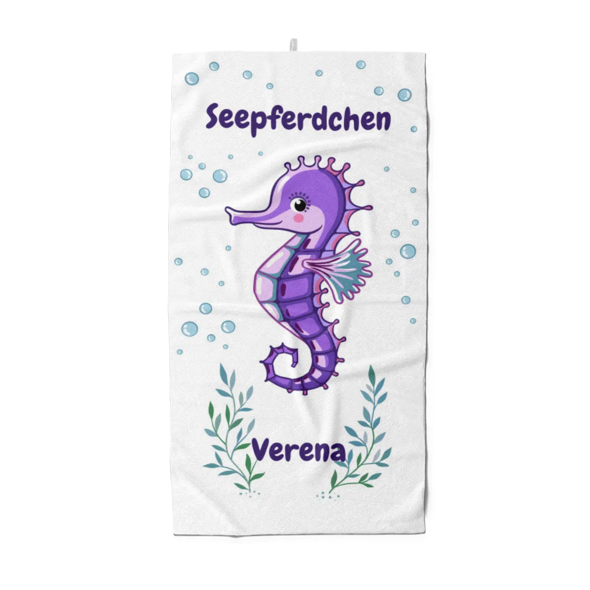Duschtuch mit Namen personalisierbar - personalisiertes Namens-Duschtuch mit Wunschtext - Seepferdchen blau