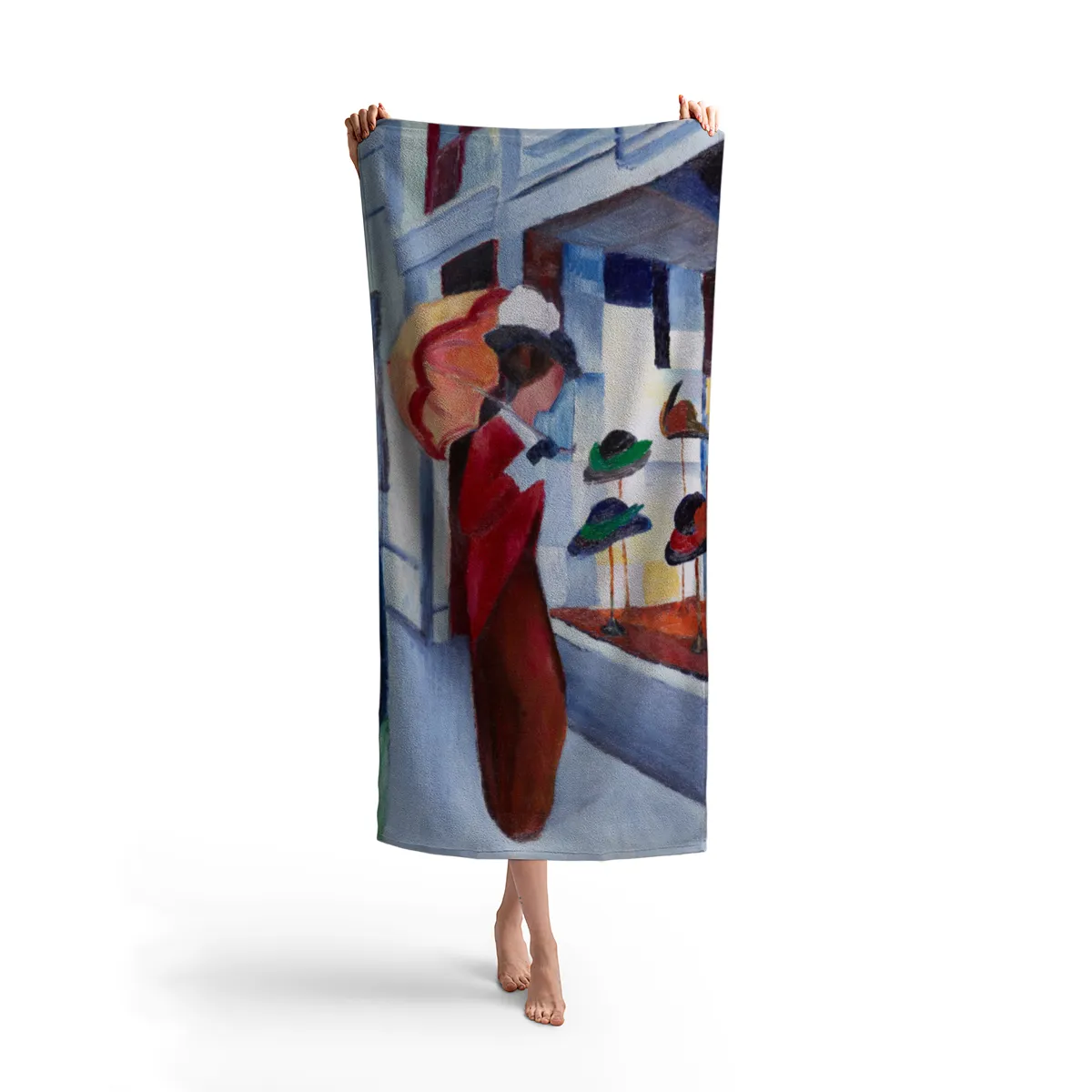 Badetuch Modes: Frau mit Sonnenschirm vor Hutladen - August Macke