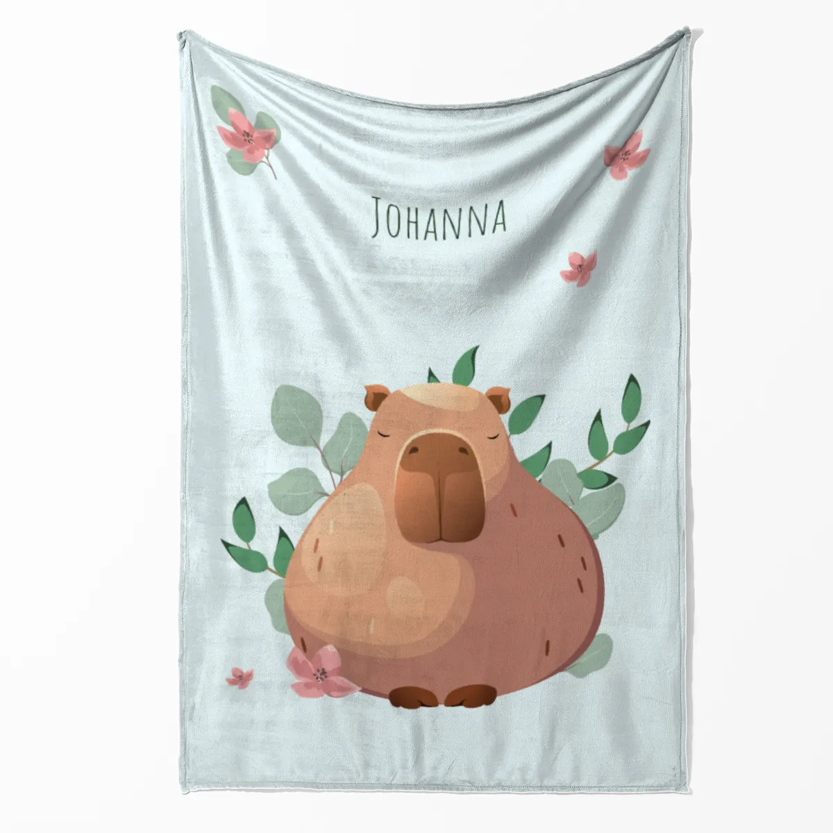 Wohndecke mit Namen personalisierbar, Kuscheldecke, niedliche Namensdecke mit Capybara, Geschenkidee Geburtstag Motiv Capy Wintermütze 140 x 200 cm