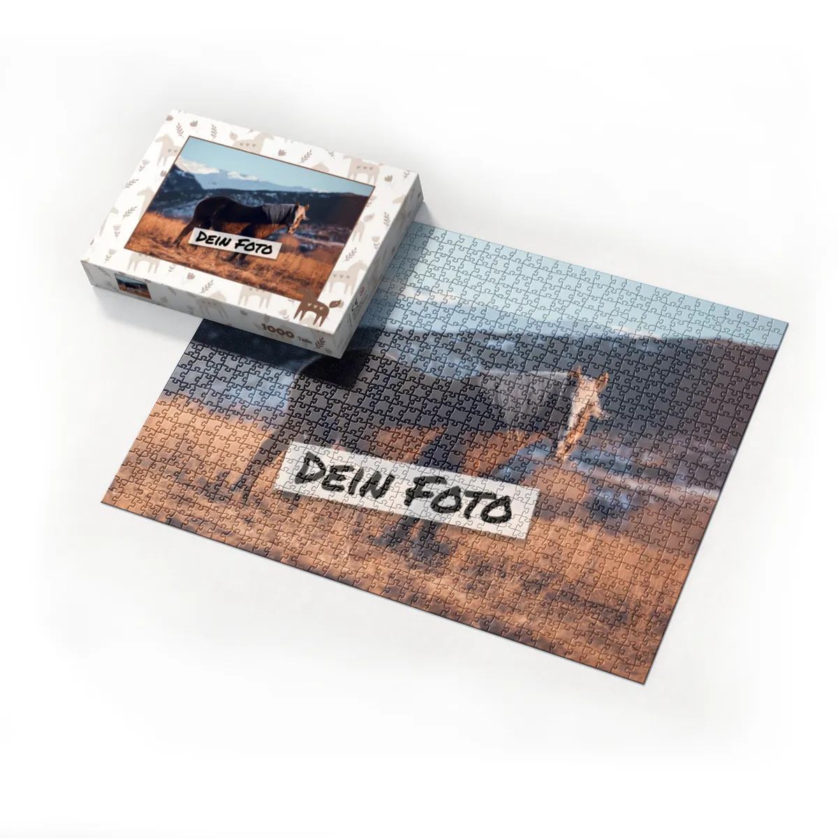 Fotopuzzle mit eigenem Bild - Fotopuzzle selbst gestalten 1000 Teile - Schachtel Skandipferde- Puzzle mit Foto personalisiert - Geschenk Geburtstag, Pferdefans Skandipferde 1000 Teile Quer