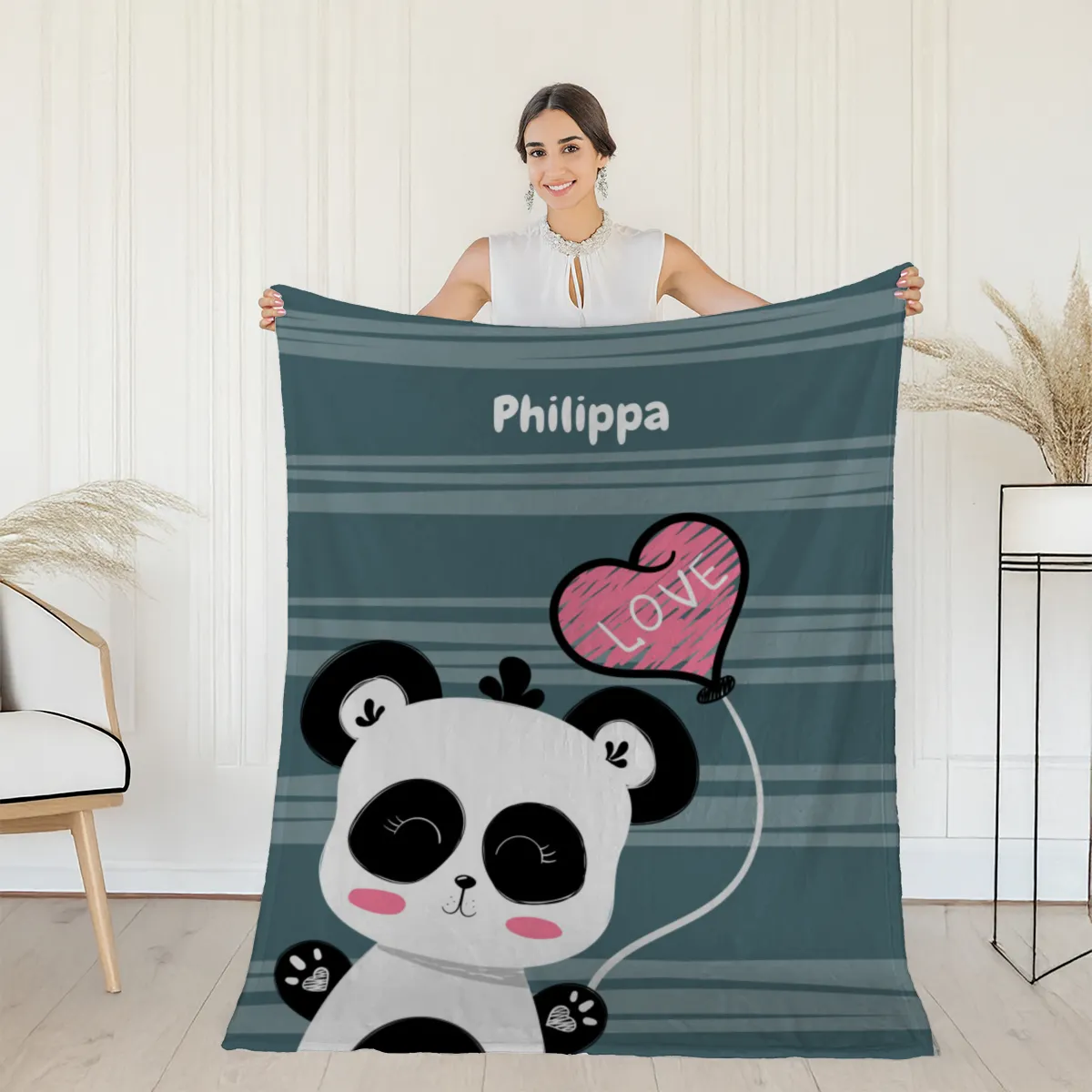 Babydecke mit Namen personalisierbar, Kuscheldecke, Namensdecke mit niedlichem Tiermotiv, Geschenkidee Geburtstag Motiv Panda Love 75 x 100 cm