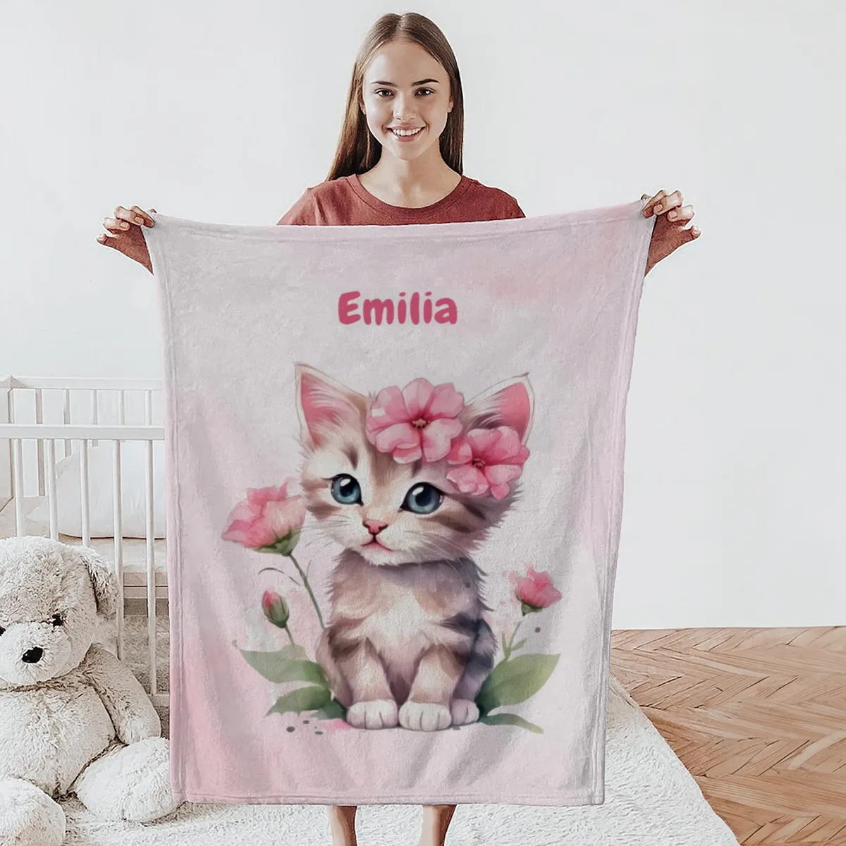 Wohndecke mit Namen personalisierbar, Kuscheldecke, Namensdecke mit süßem Kätzchen, Geschenkidee Geburtstag Motiv Katze rosa 140 x 200 cm