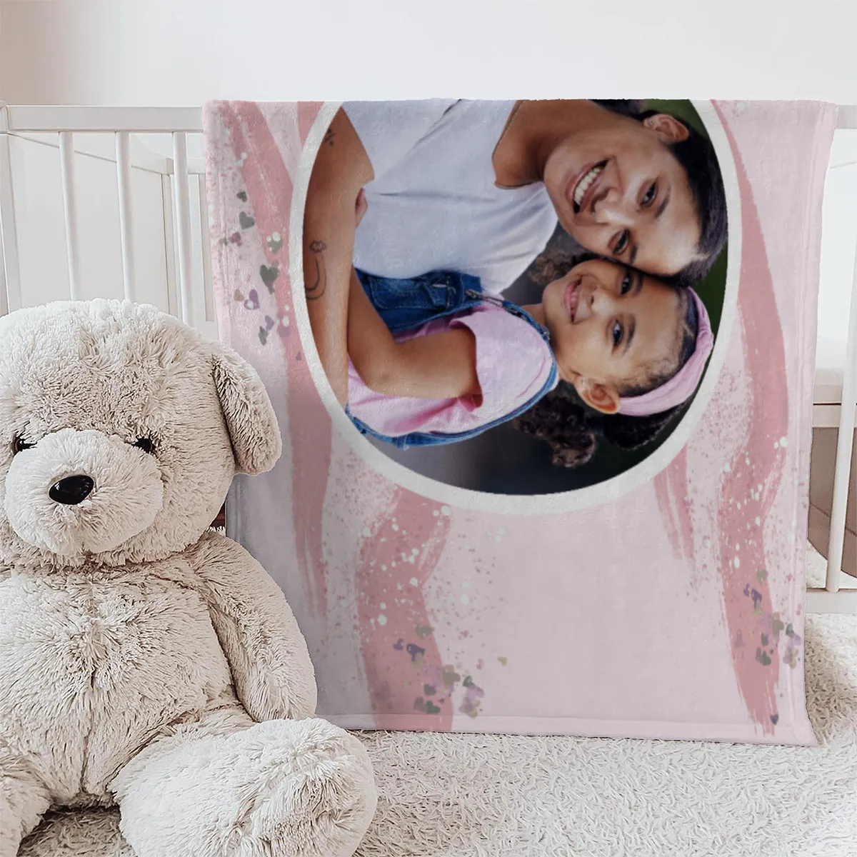 Kuscheldecke rosa 140 x 200 cm - mit Foto personalisierbar - Fotodecke selbst gestalten - Geschenkidee Muttertag, Geburtstag - Pinselstriche Hearts rose