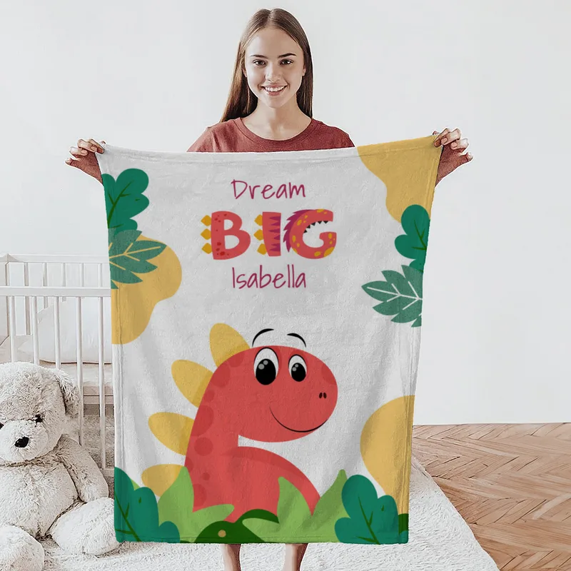 Wohndecke Dream big mit Namen personalisierbar, Kuscheldecke, Namensdecke mit niedlichem Dino, Geschenkidee Geburtstag Motiv Dino rot 140 x 200 cm
