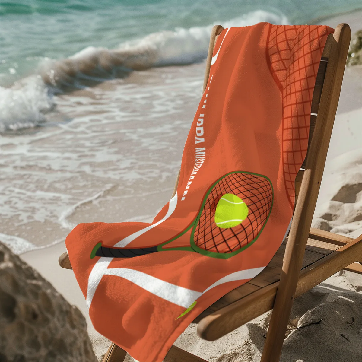 Badetuch Sport - mit Namen personalisierbar - personalisiertes Namens-Badetuch - Strandtuch mit Wunschtext - Tennis orange